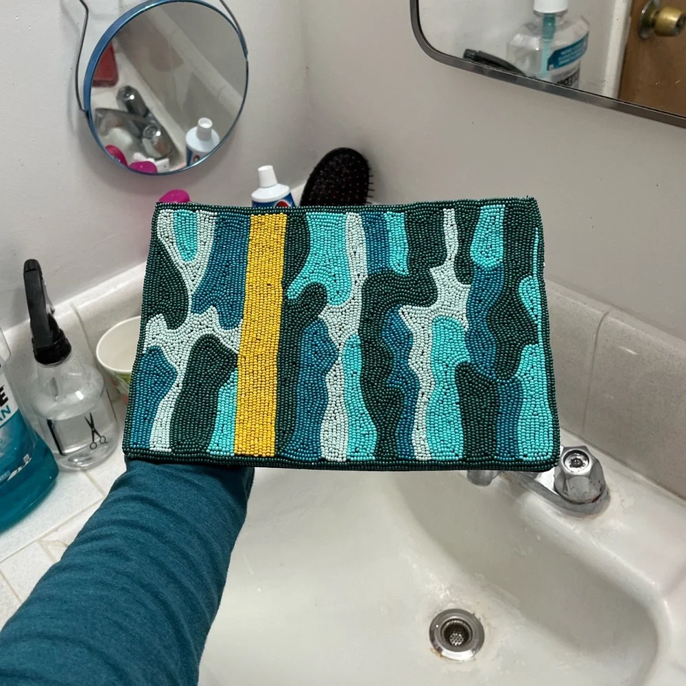 Ink and Alloy Beaded Teal & Yellow Women's Clutch Bag